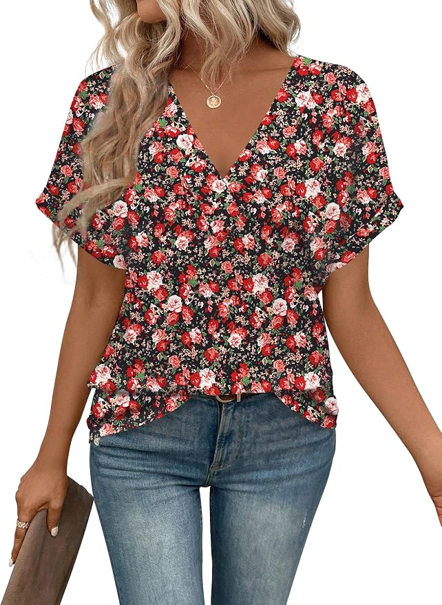 T Shirts Short Sleeve V Neck Tees Womens Tops Beach Vacation Fashion Clothes 2026 Casual Summer Spring Fall Outfits by EyMuseWomensTops