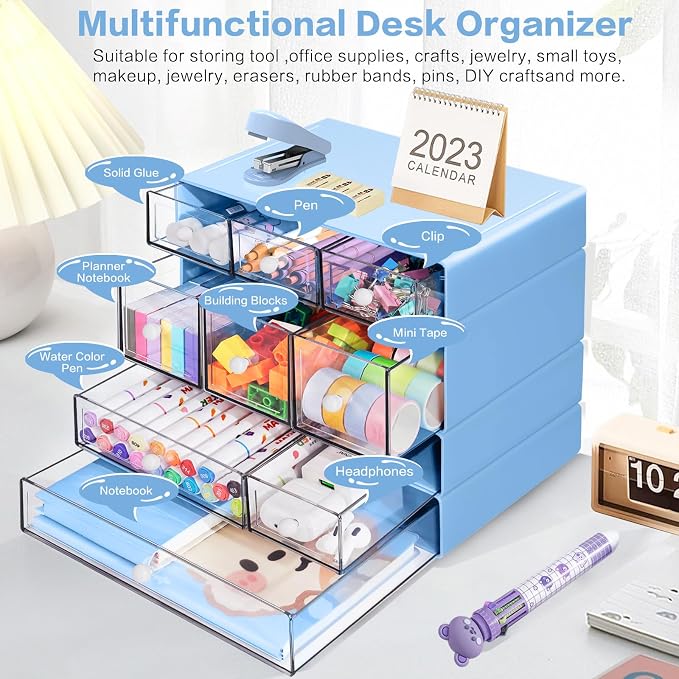 Desk Storage Organizer with 9 Drawers, 4 Tiers Stackable Desktop Craft Storage Drawers, Clear Storage Box Caddy for Stationary Makeup Jewelry Office Craft Supplies (Blue) - Image 5