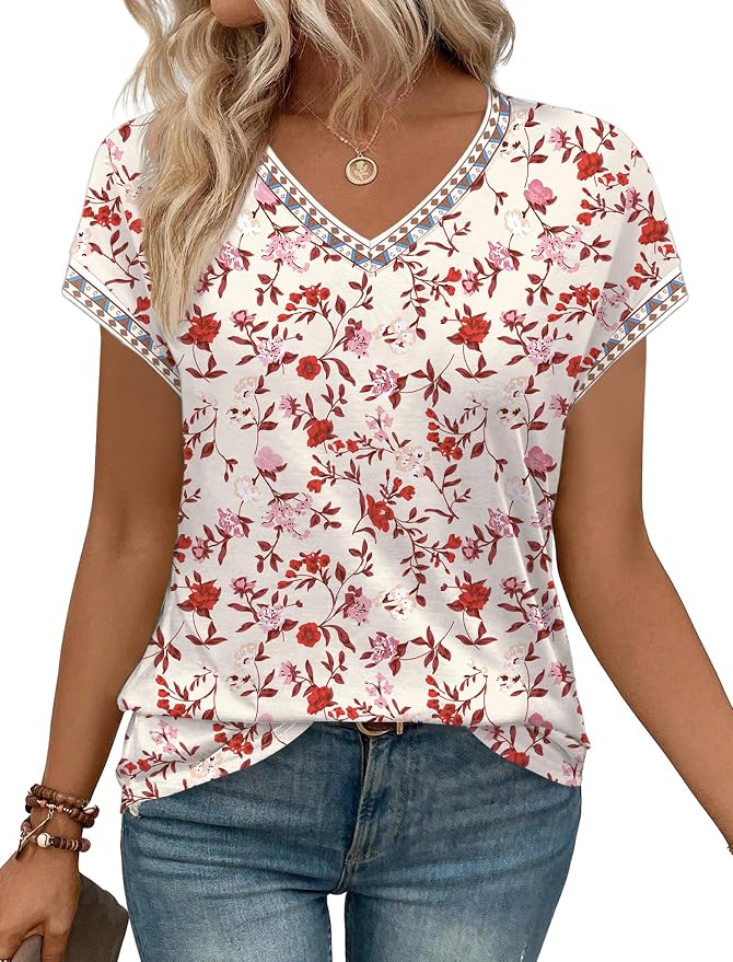 WIHOLL Womens Summer Tops 2026 Cap Short Sleeve Shirs V Neck T Shirts Fashion Beach Vacation Clothes Color Block - Image 2