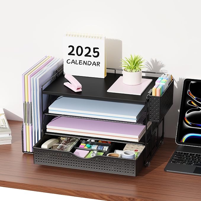 gianotter Wood Desk Organizers and Accessories with File Holder, 4-Tier Desk Accessories & Workspace Organizers with Drawer and Pen Holder, Desk Reference Organizer (Black, 4T with Drawer) - Image 5