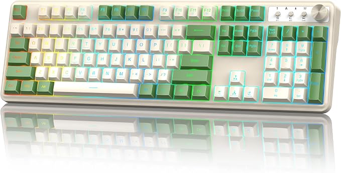 Redragon RM104 Wireless Gaming Keyboard with Knob, Tri-Mode BT/2.4G/USB-C RGB Computer Keyboards, 4000mAh Battery, Programmable Software Support, Anti-Ghosting, Compatible with PC Mac - White & Green by REDRAGON