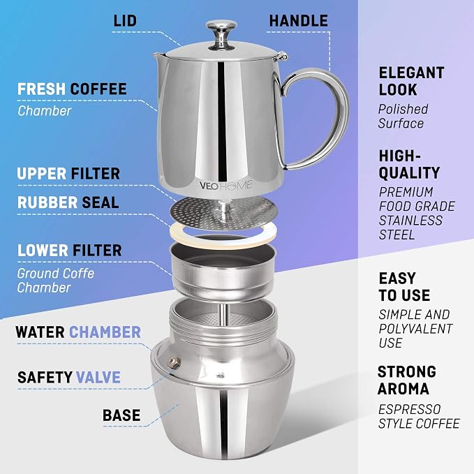VeoHome Stovetop Espresso Coffee Maker - l Multi-Stove Stainless Steel Induction Moka Pot (300 mL) - Image 2