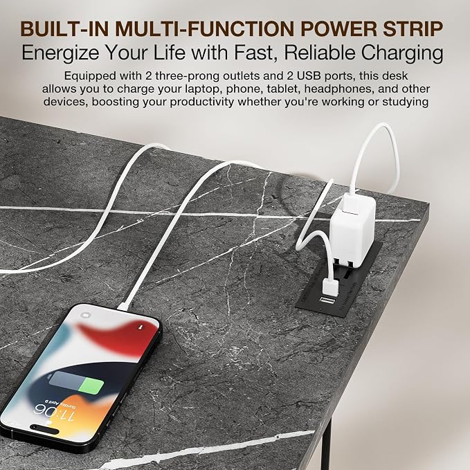 TEMI Small Computer Desk Folding Table - No Assembly, Compact 55.1" Foldable Desk with Power Outlets & USB Charging Port, Portable Small Office Desk, Ideal Mini Study Table, Marble Greige - Image 5