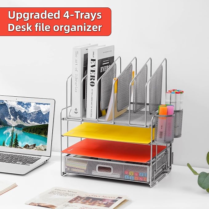 Marbrasse Desk Organizers, 4-Tier Mesh Desk File Organizer with 5 Vertical File Holders and 2 Pen Holders, Multifunction Desktop Organizer,Desk Organizers and Accessories for Home Office (Silver) - Image 3