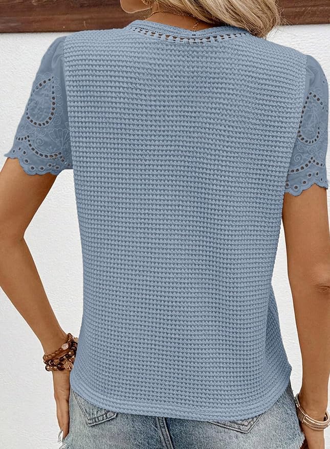 SHEWIN Womens Frenchy Summer Tops Crewneck Short Sleeve T Shirts Casual Waffle Knit Jacquard Blouses Top Shirts - Image 2