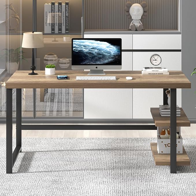 FOLUBAN Computer Desk, Modern Home Office Desk with Storage Shelves, Writing Study Gaming Table for Living Room Bedroom, Rustic Oak, 53 Inch - Image 7