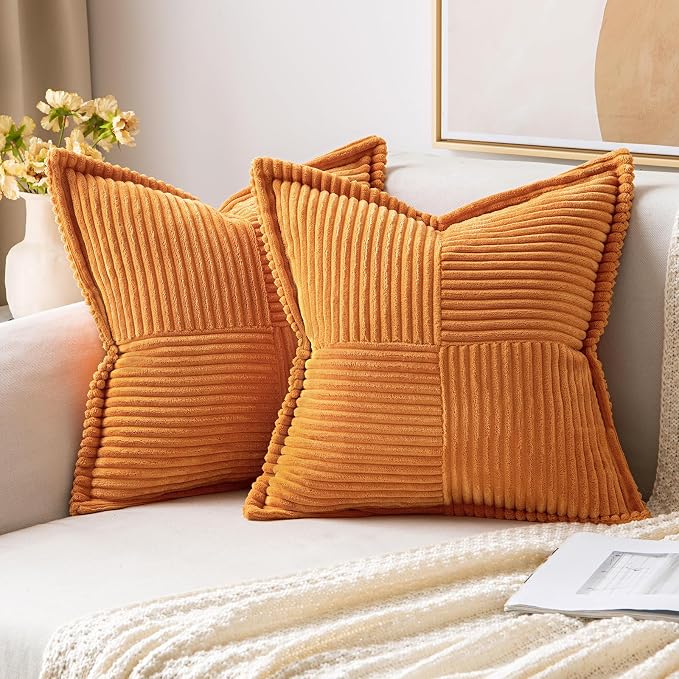MIULEE Fall Burnt Orange Decorative Throw Pillow Covers for Couch Bed Livingroom 16x16 Inch Set of 2 Boho Accent Throw Pllows Broadside Striped Patchwork Soft Corduroy Pillowcases by MIULEE