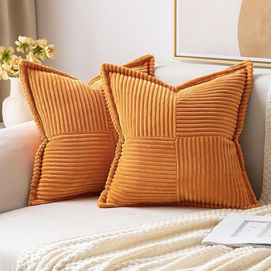 MIULEE Fall Burnt Orange Decorative Throw Pillow Covers for Couch Bed Livingroom 20x20 Inch Set of 2 Boho Accent Throw Pllows Broadside Striped Patchwork Soft Corduroy Pillowcases by MIULEE