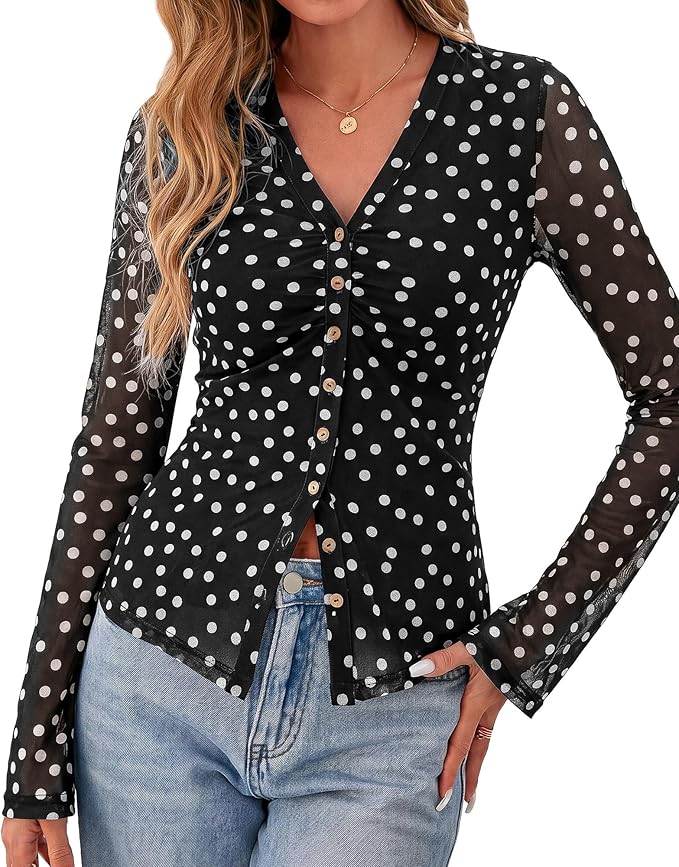 BTFBM Button Down Shirts for Women 2026 Fall Boho Tops V Neck Long Sleeve Blouses Ruched Mesh Fitted Fashion Clothing - Image 2