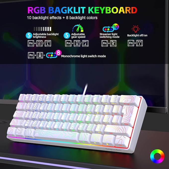 Snpurdiri 60% Wired Gaming Keyboard, 61 Keys RGB Contour Line (White) | Backlit Ultra-Compact Small Gaming Keyboard for PC/Mac Gamer, Typist, Travel, Easy to Carry on Business Trip - Image 3