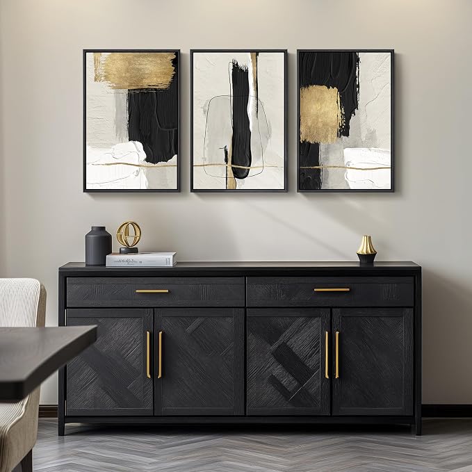 Framed Black and White Abstract Wall Art, 3 Piece Canvas Prints Paintings Artwork for Walls, Modern Minimalist Gold Beige Block Pictures for Living Room Hallway Office Wall Decor 16x24 Inch - Image 8