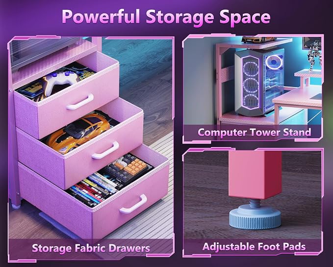 AODK 59 Inch Gaming Desk with USB Charging Ports & LED Light- Reversible Computer Desk with Storage Shelves & Monitor Stand, Modern Gamer Desk Table with Fabric Drawers, Pink - Image 6