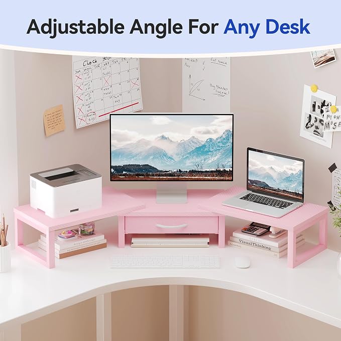 Desk Organizers and Accessories, Dual Monitor Stand Riser with Drawer, Computer Monitor Stand, Adjustable Desk Shelf for PC Laptop Printer TV, Pink - Image 5