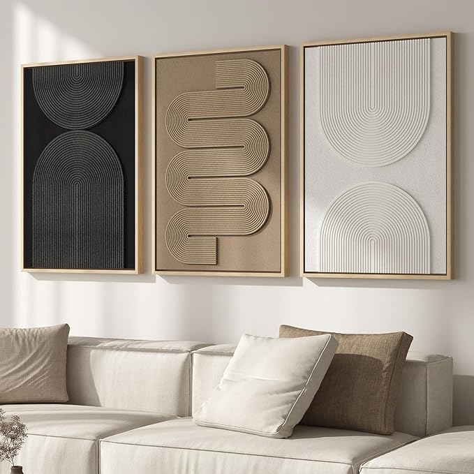 Large 3D Textured Framed Boho Modern Neutral Abstract Wall Art for Living Room, 3 Piece Black White Brown Paintings Artwork for Walls, Geometric Pictures for Office Bedroom Dining Room Decor, 24x36 In by Cuspin