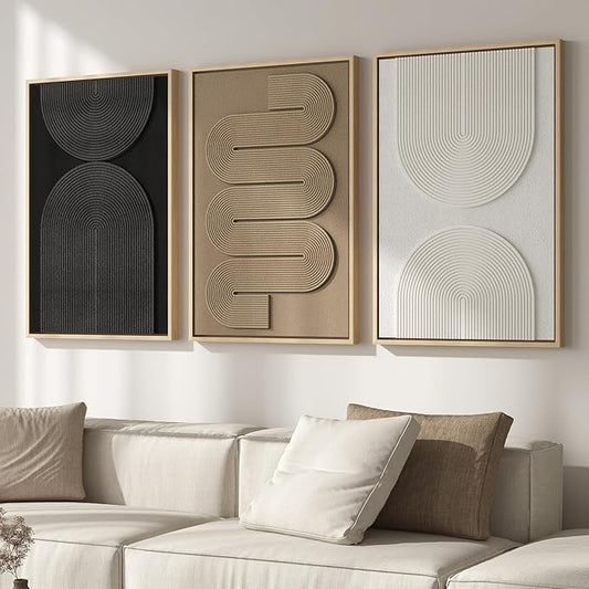 Large 3D Textured Framed Boho Modern Neutral Abstract Wall Art for Living Room, 3 Piece Black White Brown Paintings Artwork for Walls, Geometric Pictures for Office Bedroom Dining Room Decor, 24x36 In by Cuspin
