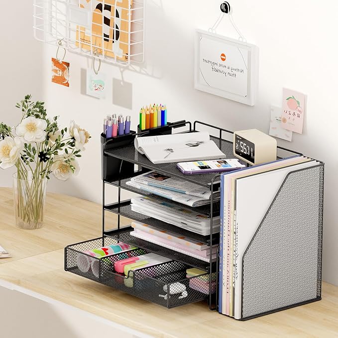 OPNICE Desk Organizer, 5-Tier Desktop File Organizer with Drawer and Pen Holders, Office Desk Accessories, File Sorters, Workspace Organizers for Office Supplies(Black) - Image 6