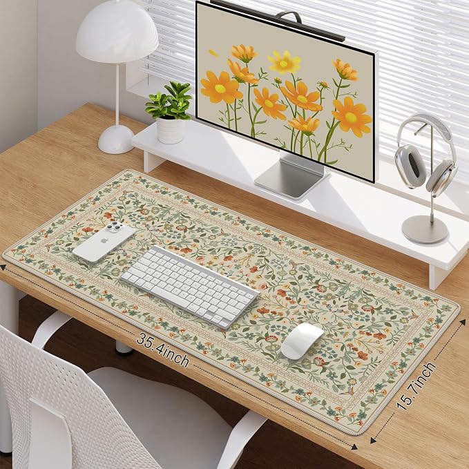 iCasso Desk Mat for Keyboard and Mouse, Large Mouse Pad, 35.4x15.7in,Beige | Back to School Desk Pad Mat, Anti-Slip Big Mousepad with Stitched Edges for Computer Desktop,Smooth Water-Resistant - Image 2