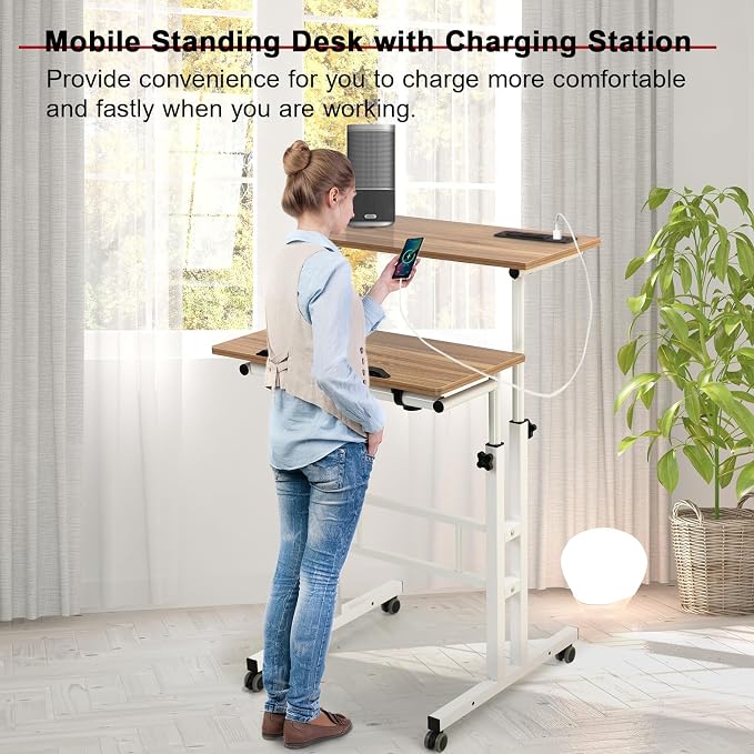 Hadulcet Mobile Standing Desk with Charging Station, Adjustable Standing Computer Desk, Standing Adjustable Laptop Cart with Wheels for Home Office Classroom Vintage Oak - Image 6