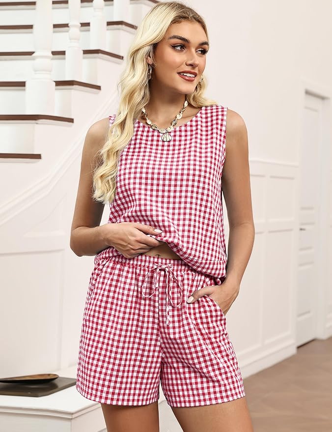 LOMON Women's Trendy 2 Piece Outfits Shorts Sets Summer Crew Neck Sleeveless Tank Top and Bottom Matching with Pockets 2026 - Image 5