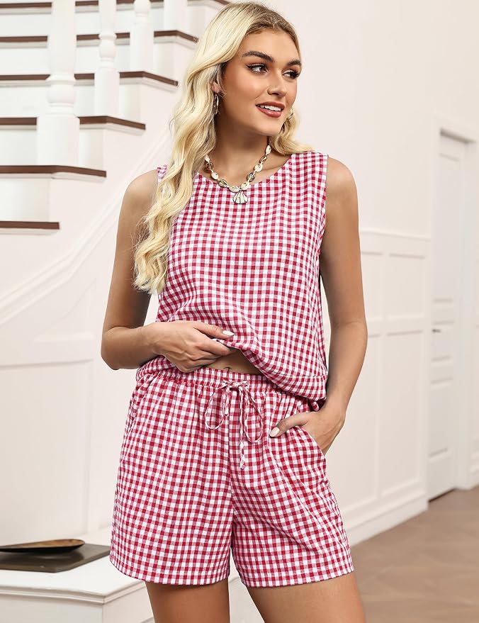 LOMON Women's Trendy 2 Piece Outfits Shorts Sets Summer Crew Neck Sleeveless Tank Top and Bottom Matching with Pockets 2026 - Image 5