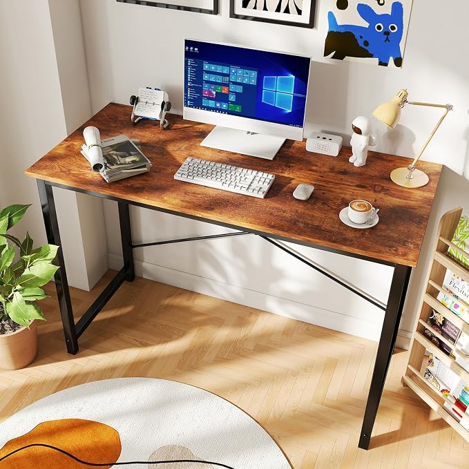 DUMOS 44 Inch Small Computer Desk, Gaming Desks for Home Office Bedroom | Modern Study Writing Work Table, Craft PC Desk Simple Workstation with Reinforcement Structure, Rustic Brown - Image 2