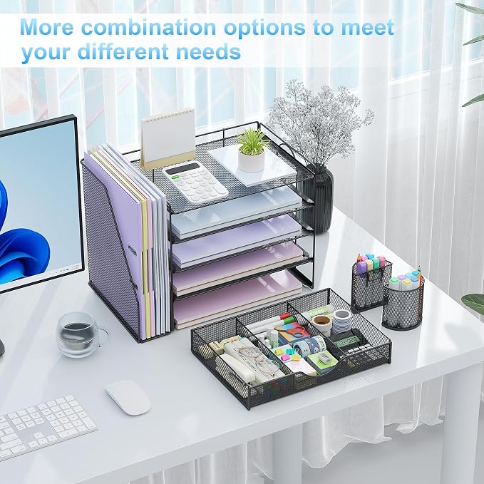 gianotter 5-Tier Desk Organizer with Drawers and File Holders | Letter Trays and Pen Holders - Workspace Accessories for Office Supplies (Black) - Image 4
