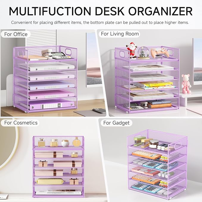 6 Tiers Letter Tray Paper Organizer with Handle, Mesh Desk File Organizer, Metal Desktop Document Shelf Organization, Paper Sorter Organizer for Office, Home or School File Folder Holder - Purple - Image 5