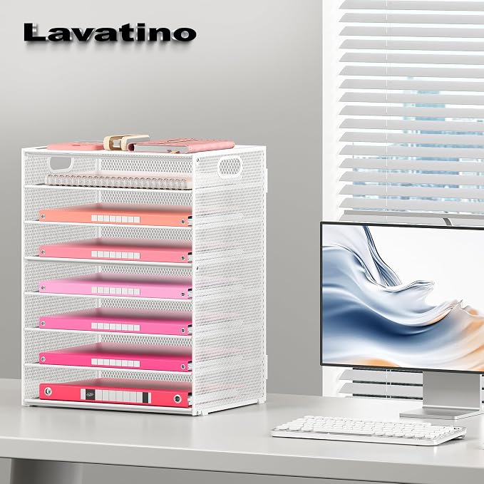 Lavatino 8-Tier Letter Tray Desk Paper Organizer, Mesh File Tray Organizer for Desk, Office Supplies & Home Organization, Fits A4 Paper, Mail, Magazines and Office Accessories (White with Handle) - Image 4