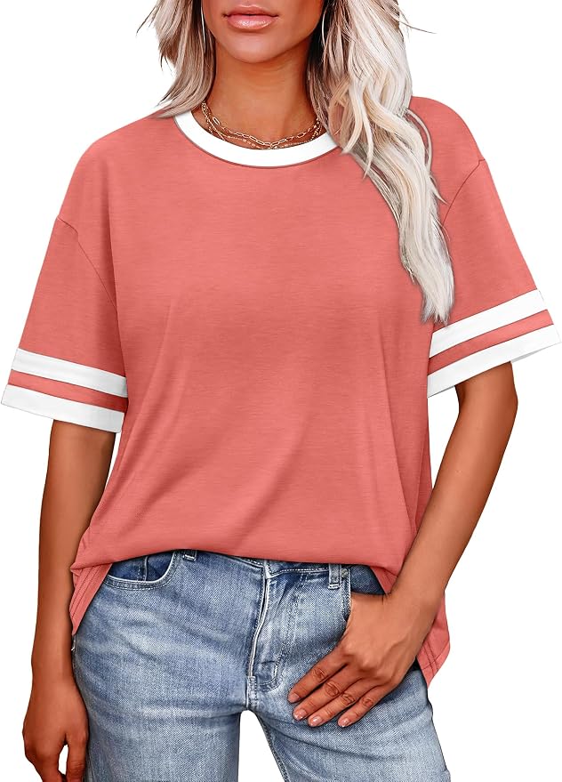 WIHOLL Womens T Shirts Loose Fit Short Sleeve Tees Crew Neck Color Block Summer Tops 2026 Fashion - Image 2