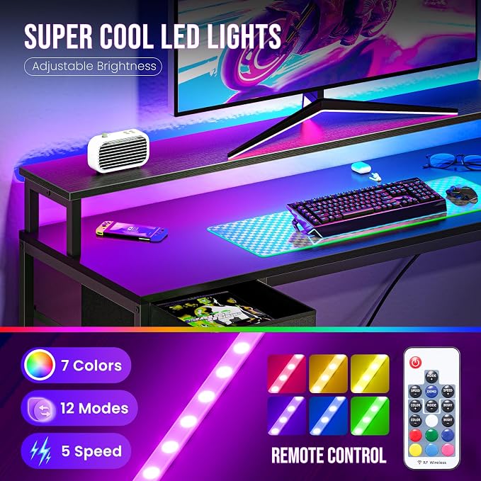 DUMOS 53 Inch Gaming Desk, L Shaped Desk, LED Lights | Monitor Stand, Storage Shelves, Computer Table, USB Charging Ports, Power Outlets, Small Spaces, Black - Image 6