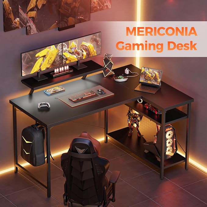 Mericonia 48 in Corner Desk with Monitor Stand, Small L Shaped Gaming Desk | Reversible Computer Desk with Power Outlets, LED Light & Storage Shelves, Office Table for Home Bedroom Study Work Writing - Image 3