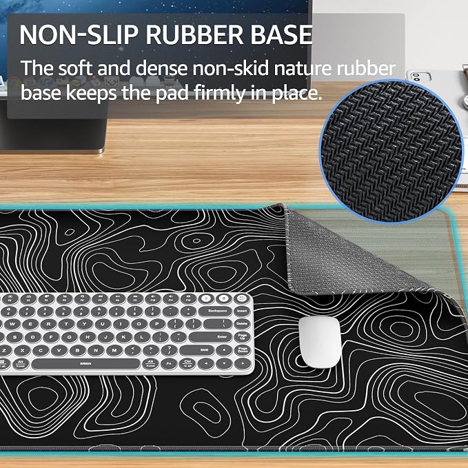 KTRIO Large Gaming Mouse Pad, 31.5 x 15.7 in, Black Topographic, XXL | Smooth Micro-Weave Surface, Artistic Pattern Design, Non-Slip Rubber Base, Durable Stitched Edges, Office & Home Use - Image 4