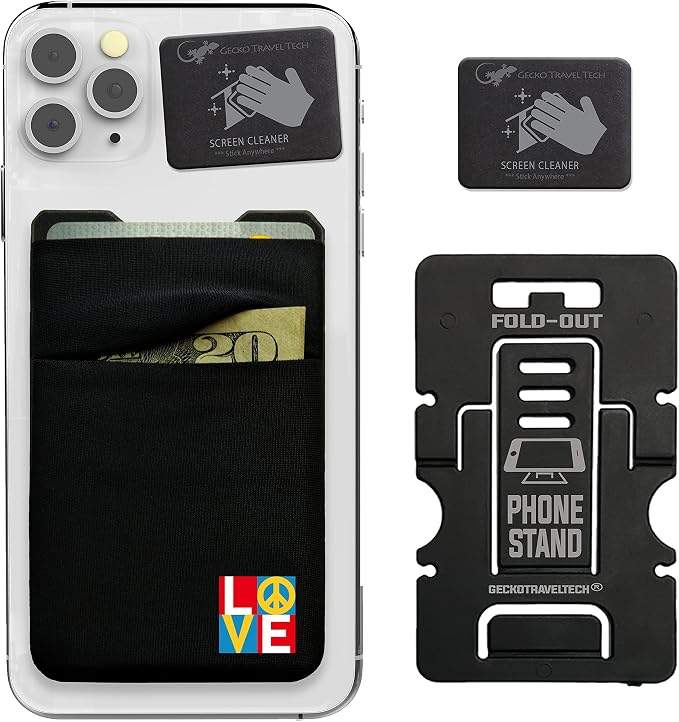 Gecko Travel Tech Double Pocket - Adhesive Card Holder - Cell Phone Pouch - Stick on Spandex Pocket - Carry Credit Cards and Cash (PEACE LOVE) by GeckoTravelTech