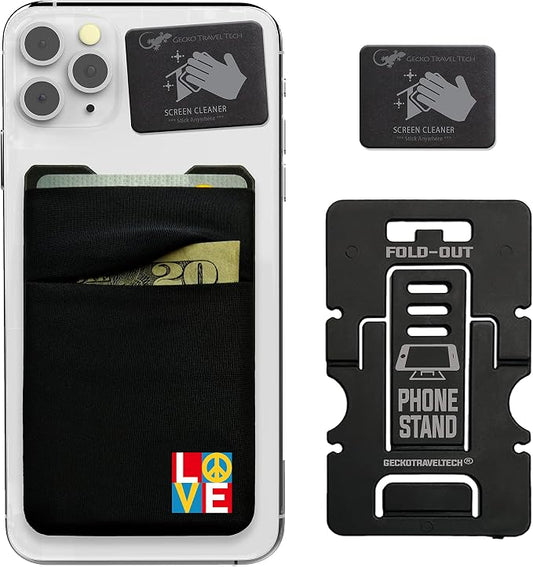 Gecko Travel Tech Double Pocket - Adhesive Card Holder - Cell Phone Pouch - Stick on Spandex Pocket - Carry Credit Cards and Cash (PEACE LOVE) by GeckoTravelTech