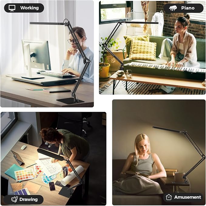 SKYLEO LED Desk Lamp with Slim Base - Adjustable Swing Arm Desk Light, Dimmable, Timer, Eye Protection, Memory Function, 1300LM, 12W, Black - Image 6