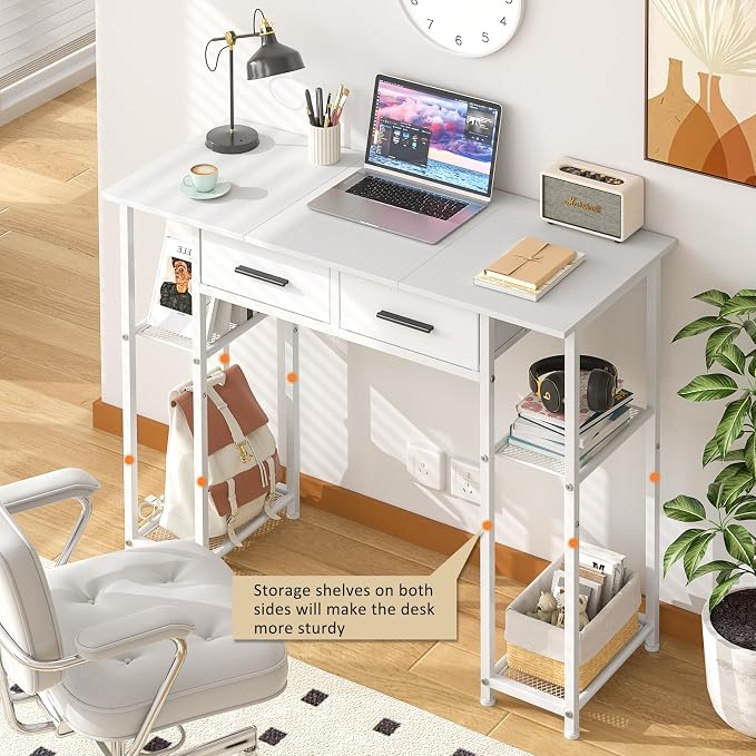 DAOUTIME White Computer Desk with Drawers, 37.3 Inch Home Office Work Desk with Storage Shelf, Kids Teens Study Table for Small Space, Small Writing PC Table for Bedroom Makeup Vanity Desk - Image 7