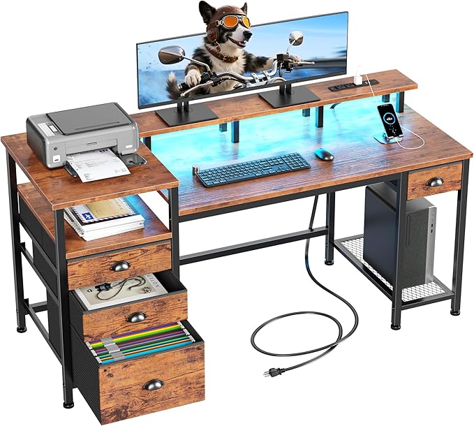 Furologee 60" Computer Desk with 4 Drawers, Power Outlet, LED, Rustic Brown | Home Office Desk with Full Monitor Stand,Storage Shelves, 4 File Drawers Cabinet ,Printer Space for Study Working Bedroom by Furologee