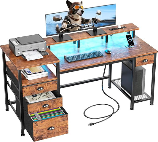 Furologee 60" Computer Desk with 4 Drawers, Power Outlet, LED, Rustic Brown | Home Office Desk with Full Monitor Stand,Storage Shelves, 4 File Drawers Cabinet ,Printer Space for Study Working Bedroom by Furologee