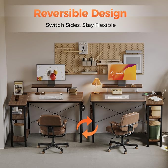 Mericonia 48 in Corner Desk with Monitor Stand, Small L Shaped Gaming Desk | Reversible Computer Desk with Power Outlets, LED Light & Storage Shelves, Office Table for Home Bedroom Study Work Writing - Image 3