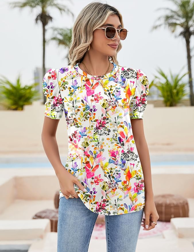 Ivicoer Puff Short Sleeve Shirt for Women Eyelet Tops Summer Crewneck Blouse Loose Fit S-XXL - Image 2
