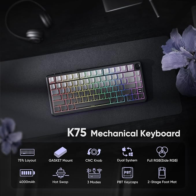 RedThunder K75 Wireless Mechanical Gaming Keyboard, 75% Hot Swappable Creamy Keyboard with Knob, RGB Backlit, Pre-lubed Linear Switches, Side Engraved PBT Keycaps, Wireless/Wired/BT5.0, Gradient Gray - Image 2