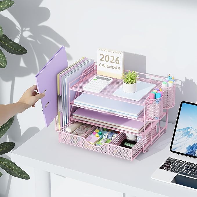 gianotter Desk Organizers and Accessories with File Holder, 4-Tier Desk Accessories & Workspace Organizers with Drawer and 2 Pen Holder, Paper Organizer for Office Supplies (Pink) - Image 6
