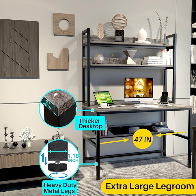 Aquzee Desk with Hutch Bookshelves, Computer Desk with 3 Tiers Storage Shelves, Space Saving Design Black Metal Legs Desk with Grey Board, Easy Assemble - Image 4