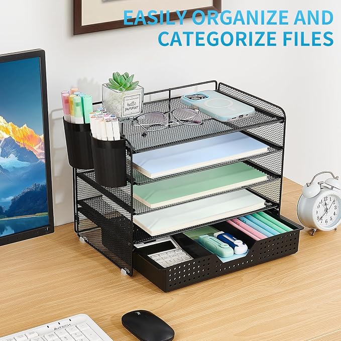 LEKETREE Desk Organizer and Accessories, 5-Tier Paper Letter Tray Organizer with Drawer & 2 Pen Holders for Desktop File Organization, Office Desk Accessories for Supplies Storage (Black) - Image 5