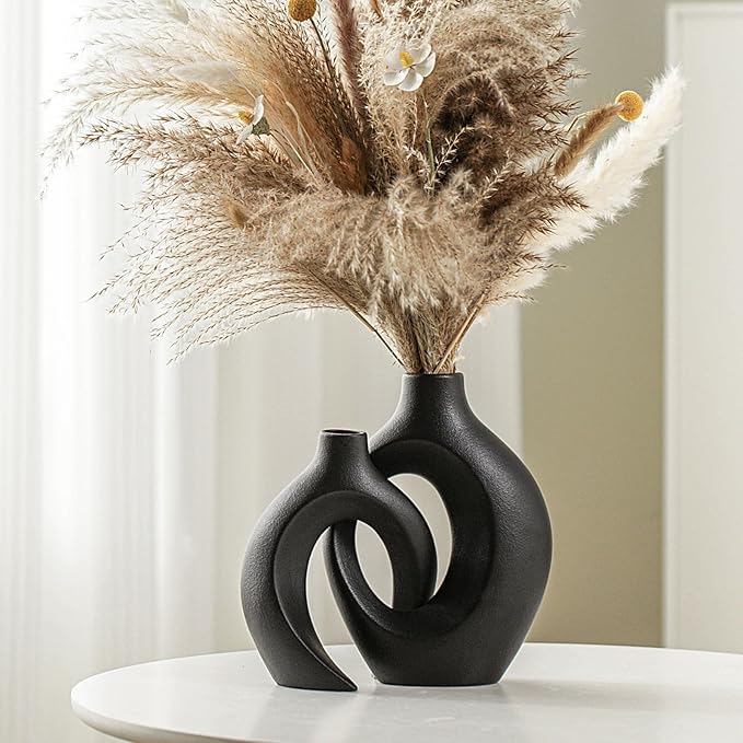 Lvases Snuggle Hollow Modern Ceramic Vase Set of 2, Mid Century Nordic Aesthetic Decorative Vase Decorative Vases for Home Table Decor (Matte Black W 6.3" X H 8.4") by modernhomedecoration