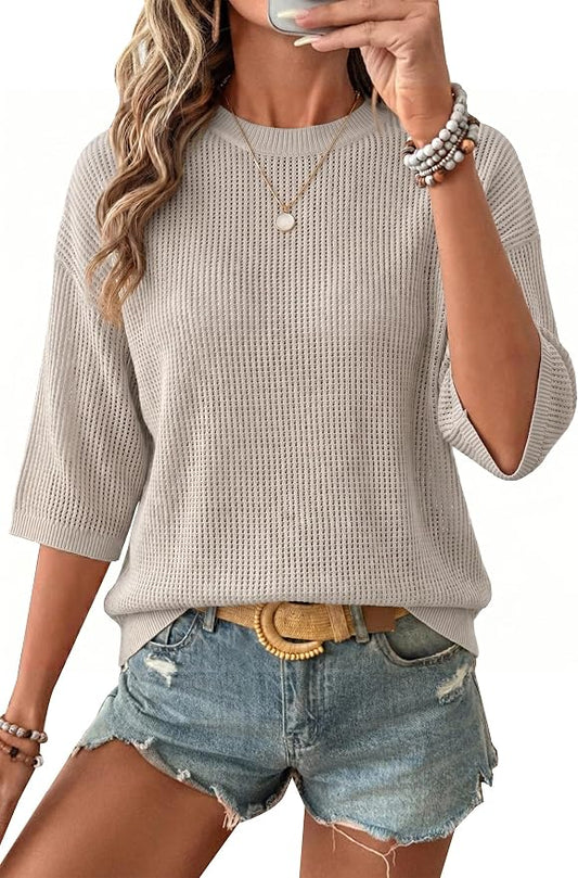 Arach&Cloz Womens Summer 100% Cotton Oversized Crochet Tops 3/4 Length Sleeve Sweater Hollow Out Casual Blouses 2026 by ArachClozFocusonQuality
