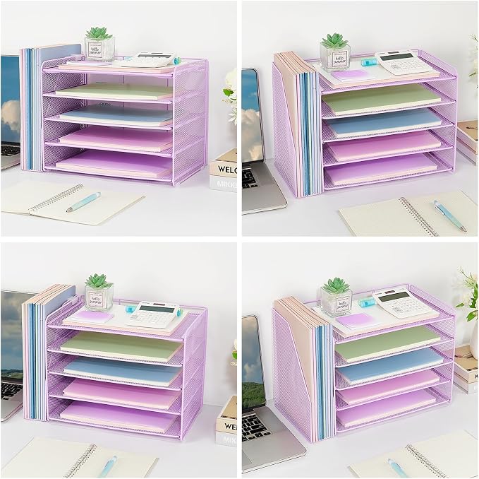 OPNICE Desk Organizer, 5-Tier Paper Organizer Letter Tray with Magazine Holder, Office Desk Accessories & Workspace Organizers, Desktop File Organizer for Office Supplies Storage, Purple - Image 5