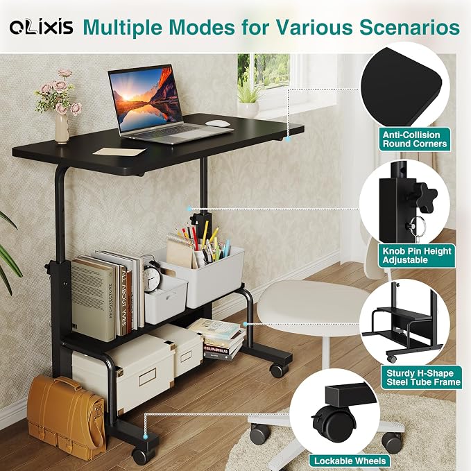 OLIXIS Rolling Desk, Storage Shelves, Laptop Table, Home Office | Height Adjustable Design, Computer Desks on Wheels, Portable for Small Spaces Use, Black - Image 4