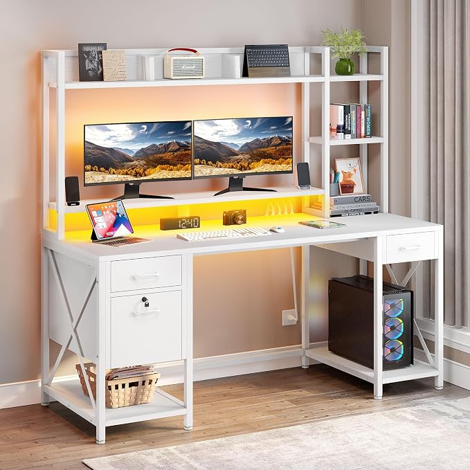 DWVO Computer Desk with Drawers & Hutch, 59.1" Office Desk with Power Outlets & LED Lights, Home Office Desk with Storage Shelves, White | Built-In Power Outlets, Led Lights, Hutch Shelves, Storage Drawers, for Home Office Work Study, Easy Assembly by DWVO