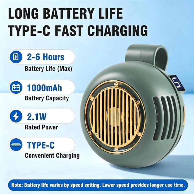Wearable Waist Fan Rechargeable, 360° Rotating Clip-On Personal Fan 5-Speed Bladeless Portable Cooling Fan for Shirt, Outdoor Work, Construction, Camping, Gardening,Office, Travel Essentials Green - Image 3